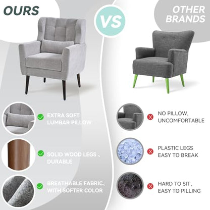 Modern Accent Chair, Upholstered Armchair with Pillow, Fabric Single Sofa Chair with Lounge Seat Solid Wood Legs Accent Chair for Living Room Bedroom Small Spaces (Grey) - color: Grey, size: Set of 1