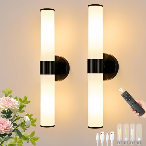 Morauroral Black Battery Operated Wall Sconces Set of 2, Rechargeable Wall Lights with Remote, 20 Inch Modern Cordless Wall Lamp for Bedroom, Living Room with White Shade (Bulbs Included) - color: Black（White Glass）