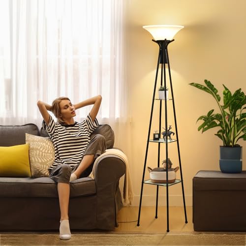 Luvkczc Torchiere Floor Lamp with Shelves, Black, 69" Tall | 3-Tier Glass Shelf, Plastic Shade, Adjustable Color Temperatures, Bulb Included - color: Black
