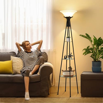 Luvkczc Torchiere Floor Lamp with Shelves, Black, 69" Tall | 3-Tier Glass Shelf, Plastic Shade, Adjustable Color Temperatures, Bulb Included - color: Black