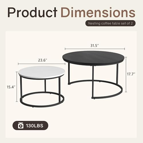 Otterease Nesting Tables Set of 2, Small Round Coffee Table for Living Room | Nesting Coffee Table with Adjustable Non-Slip Feet, Wood Grain Top Nesting Table for Bedroom (Wood Grain Black & White) - color: 31.5" Wood Grain Black&white
