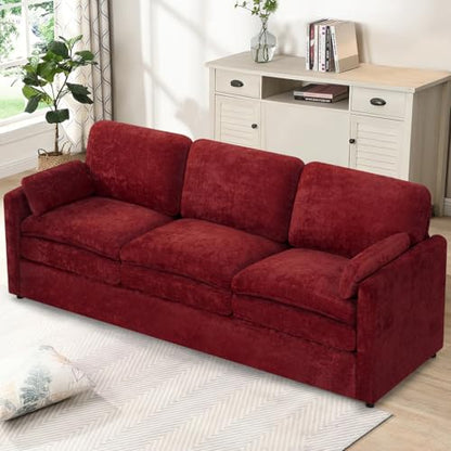 89" Chenille 3 Seats Sofa with 2 Pillows, Red | Modern Upholstered Sofa with Deeper Seats, Comfy Sofa with Thickened Cushions for Living Room, Apartment - color: Red, size: Sofa