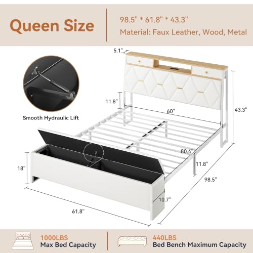 FreeHouse Queen Bed Frame with Storage Headboard and Drawers, PU Leather | Upholstered Platform Bed Frame Queen Size with Charging Station, Diamond Tufted, No Box Spring Needed, Metal Structure, White - color: White, size: Queen