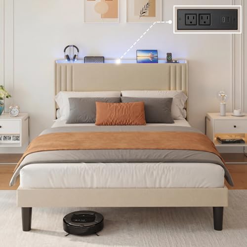 Gizoon Queen Bed Frame with Charging Station and LED Lights | Upholstered Wingback Platform Bed with Padded Headboard,Wooden Slats,Noise-Free,No Box Spring Needed, Easy Assembly,Beige - color: Beige+led, size: Queen