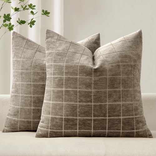 MIULEE Taupe Grey Plaid Decorative Fall Throw Pillow Covers 18x18 Set of 2 | Vintage, Check Chenille Couch Pillows, Boho Farmhouse Cushion Covers, Modern Home Decor for Sofa Bed Living Room - color: Taupe Grey, size: 18" x 18" (Pack of 2)
