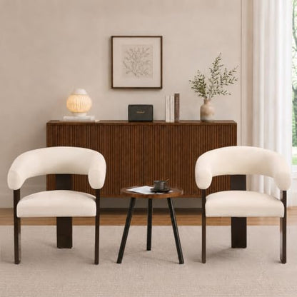 Modern Accent Chair, Barrel Armchair, U-Shaped Backrest, White | Barrel Accent Chair, Upholstered Arm Chair, Ergonomic Curved Back, Soft Chenille, Solid Wood Legs, Living Room, Bedroom - color: White