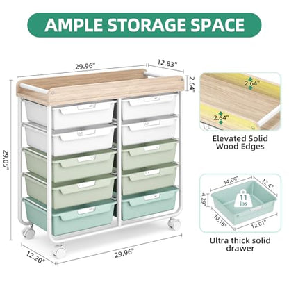 10 Drawer Rolling Storage Cart with Wood Top for Classroom Crafts Green | Easy Setup, Large Capacity, Sturdy Build, Lockable Mobility, For office, classroom and home supplies - color: Green