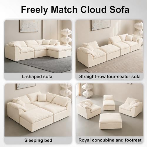 Oversized Cloud Couch Sectional Sofa for Living Room, Modular L Shaped Boneless Chenille Sofa with Chaise Lounge, Deep Seat Convertible Couch, Compressed No Assembly Floor Sofa (White)