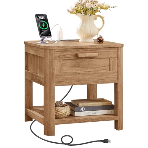 Joaxswe Farmhouse Side Tables Living Room, Brown | Small Nightstand with 1 Drawers & Open Shelving & 4 Thickened Table Legs & Rounded Corners - color: Dark Wood, size: Single