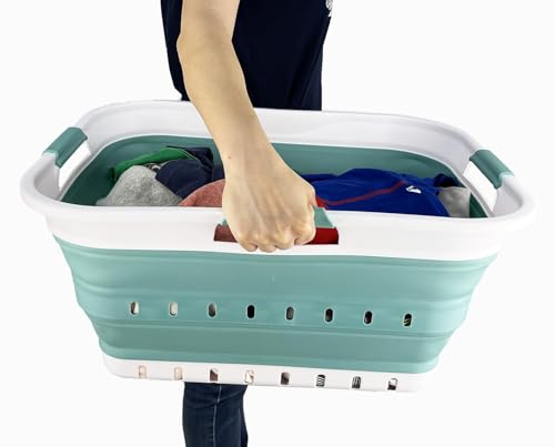 SAMMART 42L (11 gallon) Collapsible Plastic Laundry Basket - Foldable Pop Up Storage Container/Organizer - Space Saving Hamper/Basket (1, White/Celadon Green) - color: White/Celadon Green