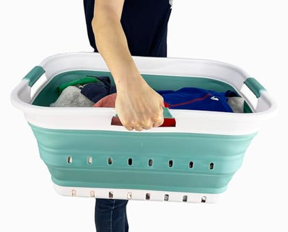 SAMMART 42L (11 gallon) Collapsible Plastic Laundry Basket - Foldable Pop Up Storage Container/Organizer - Space Saving Hamper/Basket (1, White/Celadon Green) - color: White/Celadon Green