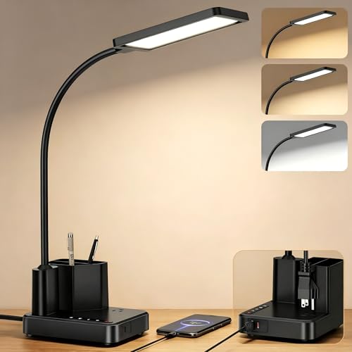 LED Desk Lamp for Dorm USB A/C Charger Pen Holder 3 Light Modes Black | 3 Color Modes, 3 Brightness, 360° Gooseneck, Touch Control, USB-A/C Ports & Pen Holder for Dorm, Kids Room, Bedroom, Office - color: Black