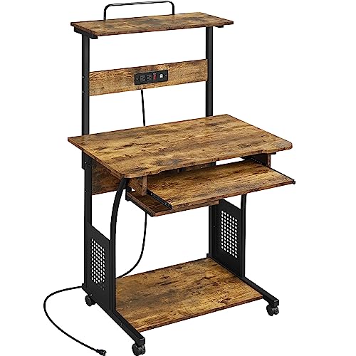Topeakmart 3 Tiers Rolling Computer Desk with Power Outlet and USB Ports for Space Saving, Home Office Desk with Keyboard Tray and Printer Shelf on Wheels, Laptop PC Workstation Table, Rustic Brown - color: Rustic Brown