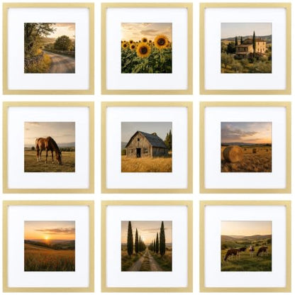 HEART ART 10x10 Gold Picture Frame 6x6 with Mat Set of 9 | Gallery Wall Frame Set, Collage, Square Picture Frames - color: Gold, size: 10x10 for 6x6