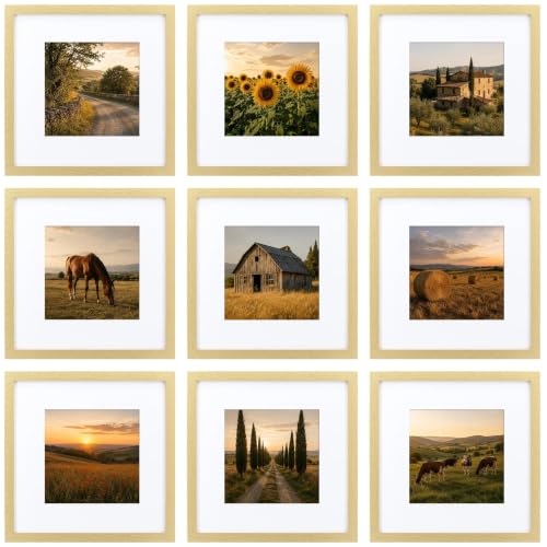 HEART ART 10x10 Gold Picture Frame 6x6 with Mat Set of 9 | Gallery Wall Frame Set, Collage, Square Picture Frames - color: Gold, size: 10x10 for 6x6