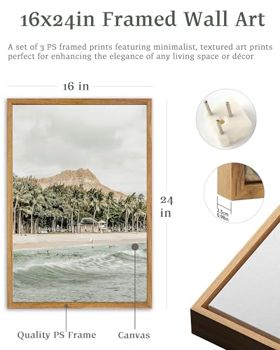 UPWOIGH Hawaii Coastal Framed Wall Art, 16 x 24 Inch, Set of 3 | Surfboard Beach, Diamond Head and Honolulu Prints, Soft Coastal Tones, Light Wood Frames for Living Room and Office - color: Grey Hawaii, size: 24"L x 16"W