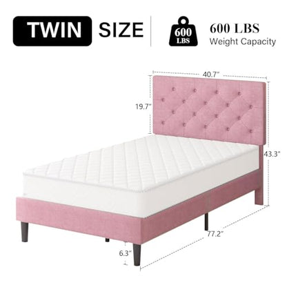 HOMBCK Twin Size Bed Frame with Headboard, Pink Upholstered Linen Fabric Bed Frame with Wooden Slats, Twin Bed Frames for Girls, Button Tufted Design, No Box Spring Needed, Pink - color: Pink, size: Twin
