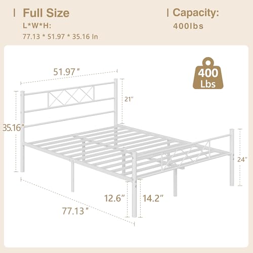 VECELO Full Size Bed Frame with Headboard, Heavy Duty Bedframe with Strong Metal Slats, No Box Spring Needed & Easy Assembly, Pure White - color: Pure White, size: Full