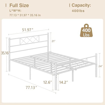 VECELO Full Size Bed Frame with Headboard, Heavy Duty Bedframe with Strong Metal Slats, No Box Spring Needed & Easy Assembly, Pure White - color: Pure White, size: Full