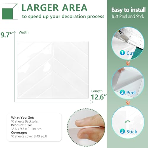 STICKGOO Herringbone Peel and Stick Backsplash, Pure White, 10 Sheets | 12.6 x 9.7 in, Thicker Rectangular Vinyl Stick-On Wall Tiles, Easy Alignment, Waterproof, Easy to Clean, Kitchen/Bathroom - color: Pure White, size: Pack of 10
