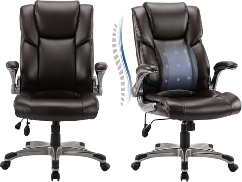 COLAMY Leather Executive Office Chair- High Back Home Computer Desk Chair with Padded Flip-up Arms, Adjustable Tilt Lock, Swivel Rolling Ergonomic Chair for Adult Working Study-Brown, Set of 2 - color: Brown, size: Set of 2