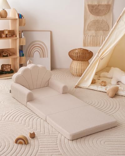 Blissful Diary Kids Couch, 2-in-1 Soft Kids Sofa, Kids Sofa Chair, Comfy Kids Furniture for Playroom, Reading & Play, Shell Beige - color: Shell Beige