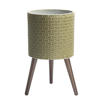 D'vine Dev Planter Pot with Wood Stand, 12 in, Distressed Olive, 88-Z-C-4 | Mid-Century Modern Style, Elevated Plant Display, Drainage Hole and Plug, Functional & Stylish, Modern Indoor Planter - color: Distressed Olive, size: Large