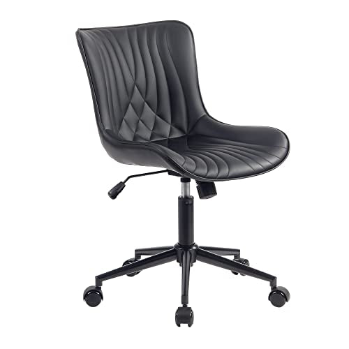 YOUTASTE Black Modern Office Chair, Armless Swivel PU Leather Desk Chair with Wheels, Height Adjustable Rolling Computer Chair with Metal Legs for Bedroom, Home Office, Study, or Vanity - color: Black