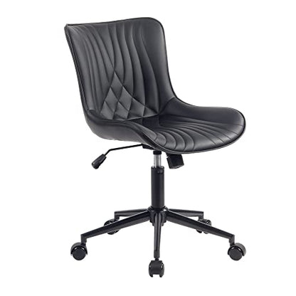 YOUTASTE Black Modern Office Chair, Armless Swivel PU Leather Desk Chair with Wheels, Height Adjustable Rolling Computer Chair with Metal Legs for Bedroom, Home Office, Study, or Vanity - color: Black