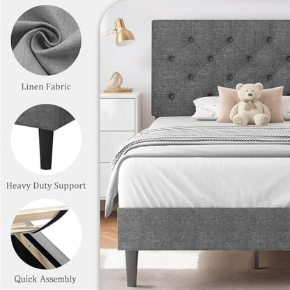 HOMBCK Twin Size Bed Frame, Gray Linen Fabric Upholstered Bed Frame with Headboard, Twin Bed Frames for Kids, Wood Slats, Button Tufted, No Box Spring Needed, Light Grey - color: Light Grey, size: Twin
