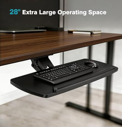 Keyboard Tray Under Desk with Storage Drawer, Height Adjustable Keyboard Tray Slide Out 360° Swivel Tilt, Ergonomic Under Desk Mount Keyboard & Mouse Holder for Gaming Home Office - size: 28” Length