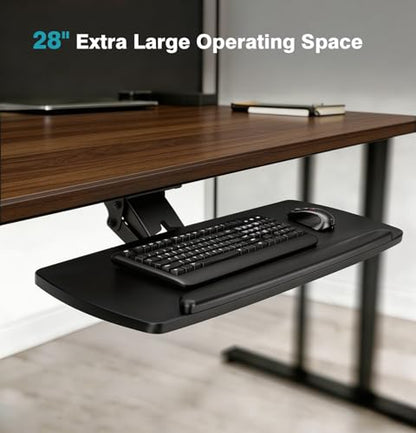 Keyboard Tray Under Desk with Storage Drawer, Height Adjustable Keyboard Tray Slide Out 360° Swivel Tilt, Ergonomic Under Desk Mount Keyboard & Mouse Holder for Gaming Home Office - size: 28” Length