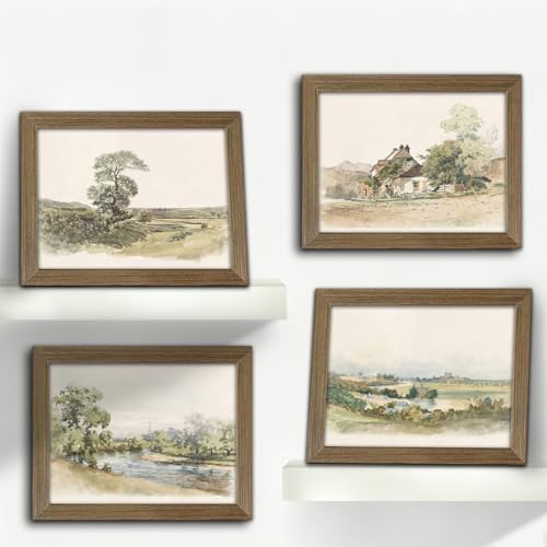 Vintage Farmhouse Wall Art Canvas Prints Set of 4 Framed Landscape Painting Posters Rustic Country Wall Decor Pictures Gallery Artwork Print for Living Room Bedroom Home Decor 8x10 Inch - color: Rural scenery