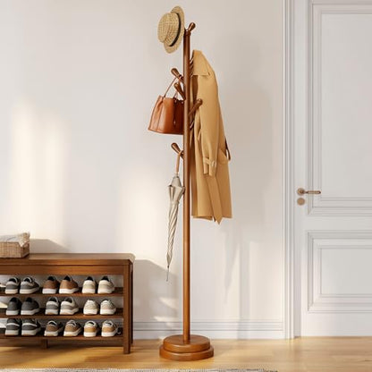 STARSAGA Solid Wood Coat Rack Freestanding Coat Tree with 8 Hooks | Adjustable Height Heavy Duty Coat Rack with Rounded Hooks & Dual-Layer Base, Holds Coats Hats Bags for Entryway, Bedroom - color: Walnut