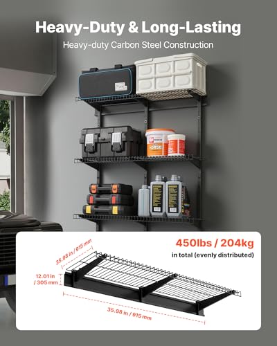 VEVOR 3-Tier Heavy Duty Wall Garage Shelving, 1 x 3 ft Steel Wall Mounted Shelving Unit, 11 x 36 Inch Per Shelf Floating Storage Metal Rack for Garage with 450 lbs Total Weight Capacity, Black - size: 1×3 ft