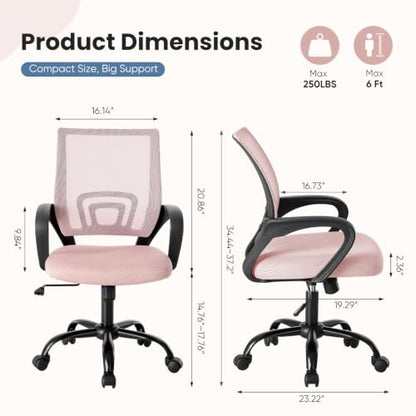 DUMOS Ergonomic Home Office Chair, Executive Mesh Desk Chair | Height Adjustable, Lumbar Support, Breathable Backrest, Fixed Armrest, Rolling Wheels, Computer Gaming, Meeting, New Pink - color: New Pink