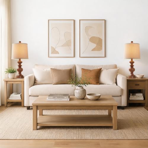 Farmhouse Table Lamp Set of 2, Rustic Table Lamps for Living Room Bedroom, 22" Mid Century Modern Desk Lamp Bedside Nightstand Lamps with Linen Tapered Drum Shades, Wood Grain - color: Wood Grain