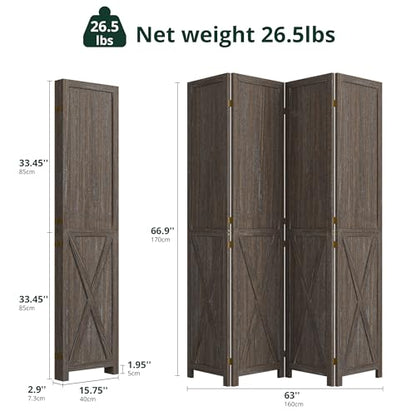 4 Panel Folding Room Divider, Solid Wood Privacy Screen, Freestanding Partition Wall, Temporary Wall for Home/Office/Bedroom/Restaurant, Rustic Brown - color: Rustic Brown