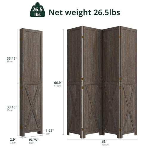 4 Panel Folding Room Divider, Solid Wood Privacy Screen, Freestanding Partition Wall, Temporary Wall for Home/Office/Bedroom/Restaurant, Rustic Brown - color: Rustic Brown