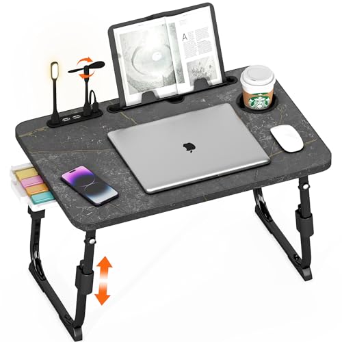 Lap Desk for Bed Adjustable Height with USB Port 23.6" x15.7" Desktop | Storage Drawer, Bookshelf, Fits 17" Laptop, For couch WFH Study, Foldable Non-Slip No Assembly Sturdy Lightweight DeepStone - color: Deep Stone Texture