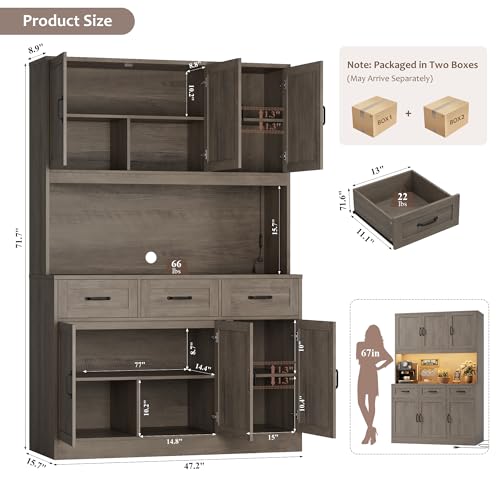 HOSTACK Kitchen Pantry Storage Cabinet, Kitchen Hutch Cabinet, Ash Gray | 47"W Food Pantry Cabinet with Smart LED / Charging Station / Countertop / 3 Large Drawers, 72"H Storage Hutch for Dining Room - color: Ash Gray