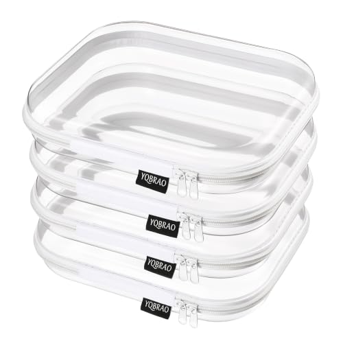 YQBRAO Clear Hard Shell Zipper Cases, 4 Medium Makeup Organizers, White | Rigid 1.2 mm PET and YKK dual zippers for skincare, toiletries, chargers, notebooks and daily essentials - color: White, size: 4 Pack(M)