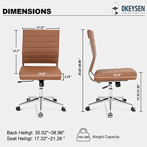Okeysen Brown Armless Office Desk Chair, Mid Back Ergonomic Swivel Conference Room Chairs, Adjustable Height PU Leather Home Desk Chair, Modern Small Rolling Computer Task Chair - color: Brown