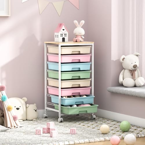 SYKIARIOL Rolling Cart with Drawers, 8 Drawers Utility Cart, Rainbow | Rolling Drawer Cart on Wheels with Wooden Tabletop for Living Room,Classroom,Bedroom,Bathroom,Dorm,Office - color: Rainbow
