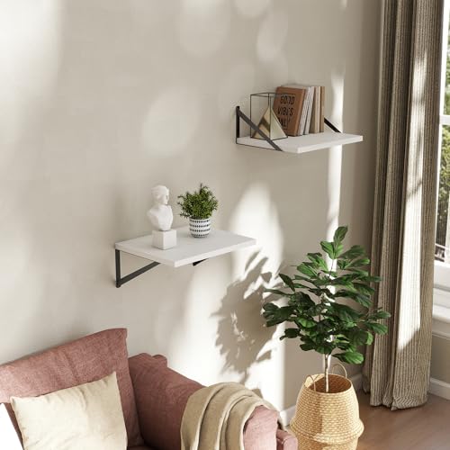 Acovy Deep Floating Shelves Wall Mounted, 16"x12" White Wall Shelves with Brackets Set of 2 for Bedroom, Living Room, Bathroom, Kitchen, Office - Storage & Display Shelf for Decor, Books, Plants - color: White, size: 16"Wx12"D-2pcs