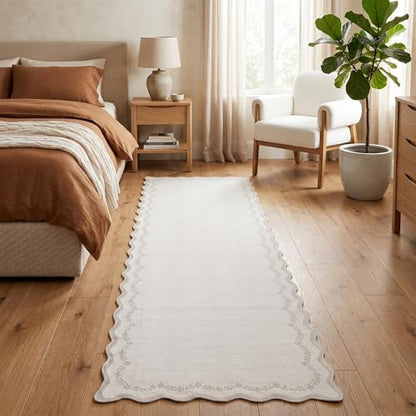 GarveeHome 2.5x8 Scalloped Washable Runner Rug Non Slip Hallway Kitchen Rug | Soft Long Hall Runner Beige Entryway Rug Farmhouse Thin Laundry Mat Stain Resistant Carpet for Bathroom Beside Rug - color: Beige, size: 2'6" x 8' (Rectangular)