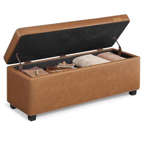 VASAGLE EKHO Collection - Storage Ottoman Bench, Entryway Bedroom Bench, 25 Gallons, Synthetic Leather with Stitching, Mid-Century Modern, Safety Hinges, Loads 660 lb, Caramel Brown ULOM075K01 - color: Caramel Brown, style: 25-Gallon Storage Bench