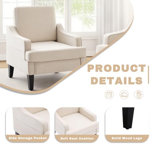 Accent Chair for Living Room,Mid-Century Arm Chair Fabric Living Room Chairs,Upholstered Reading Chair for Bedroom,Single Sofa Chair with Wood Legs for Apartment (Beige) - color: Beige