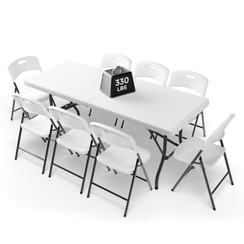 6FT Folding Table Set with 8 Folding Chairs, Heavy Duty 330 lbs Table & 600 lbs Chairs, Portable Folding Furniture Bundle for Camping, Party, Indoor & Outdoor Use - color: White Table & Chairs, size: 6ft, style: 8 chairs