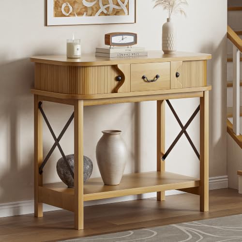 39'' Narrow Console Table, 2-Tier Entryway Sofa Table,Natural Wood | Narrow Entry Table with Drawer & Cabinets; Sturdy X-Frame, Slim Wood for Entryway, Hallway, Living Room & Behind Couch - color: Burywood